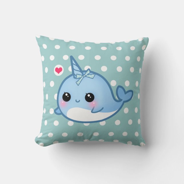 Cute baby narwhal on polka dots throw pillow (Front)