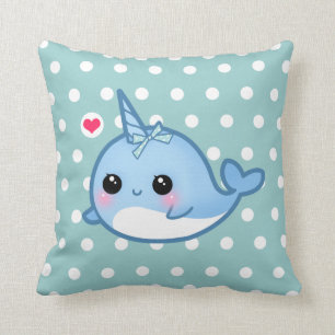 Cute baby narwhal on polka dots throw pillow