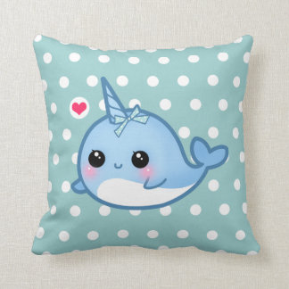 Cute baby narwhal on polka dots throw pillow