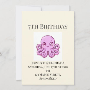 Cute Baby Octopus 7th Birthday Invitation