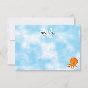 Cute Baby Octopus Blue Watercolor Custom Monogram Card