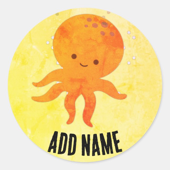 Cute Baby Octopus Cartoon Custom Name Classic Round Sticker (Front)