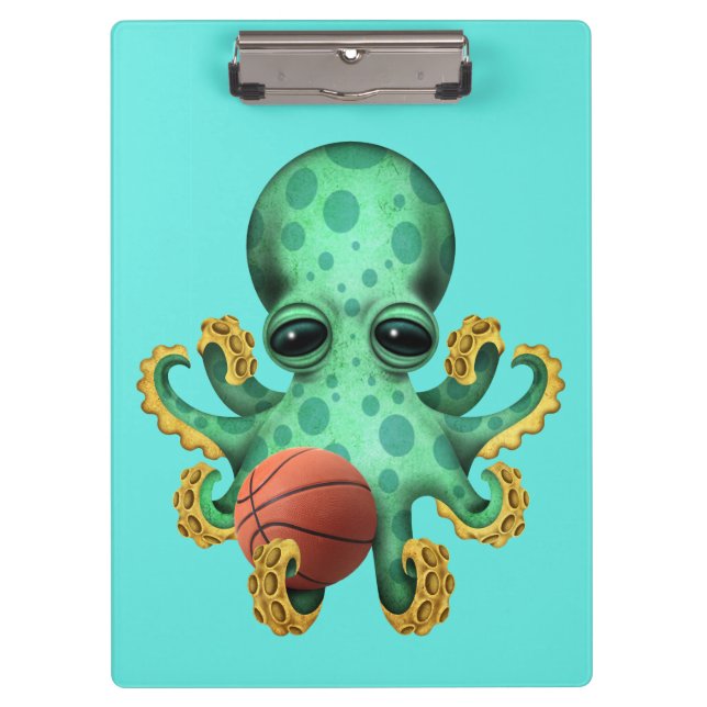 Cute Baby Octopus Playing With Basketball Clipboard (Front)
