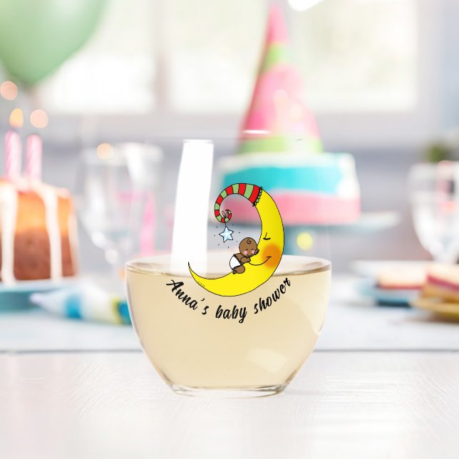 cute baby on moon baby shower (name) Drinkware Set Stemless Wine Glass (Insitu (Birthday))