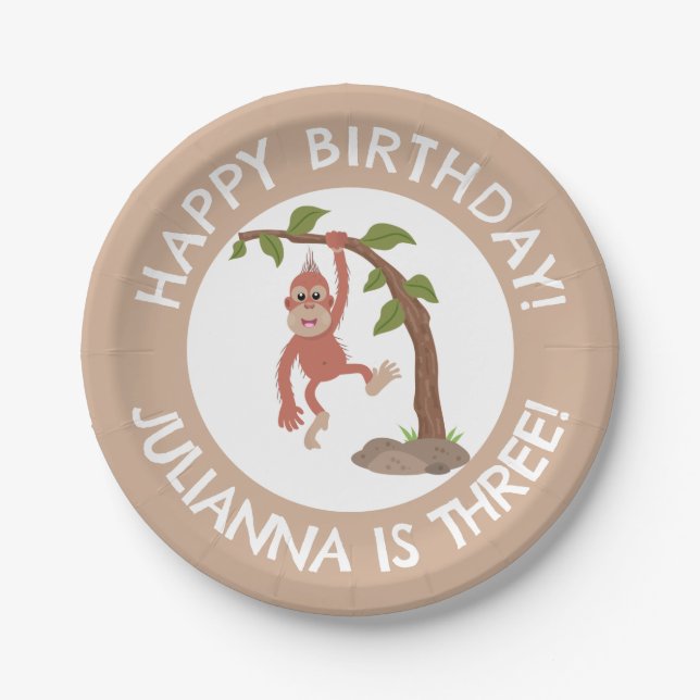 Cute baby orangutan cartoon birthday personalized paper plate (Front)