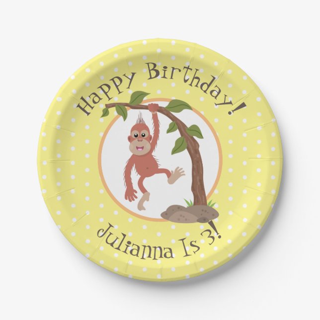 Cute baby orangutan cartoon birthday personalized paper plate (Front)