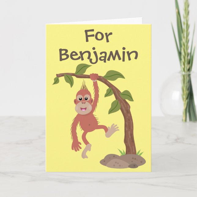 Cute baby orangutan personalized cartoon birthday card (Front)