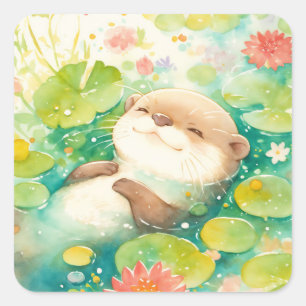 Cute Baby Otter Floating on Back in Sunlit Pond Square Sticker
