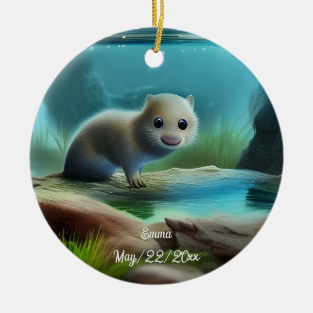 Cute baby otter in pond - personalizable  ceramic ornament (Front)