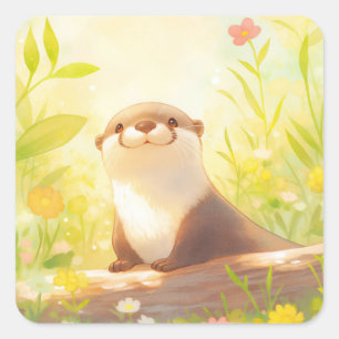 Cute Baby Otter Peeking Over Log with Florals Square Sticker