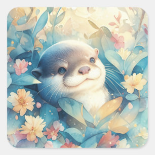 Cute Baby Otter Peeking Through Wildflowers Square Sticker