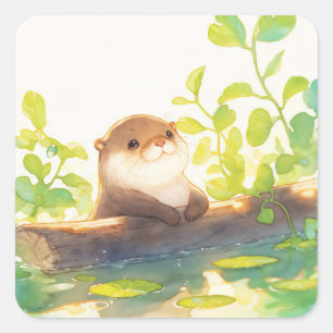 Cute Baby Otter Resting on Log with Water Square Sticker