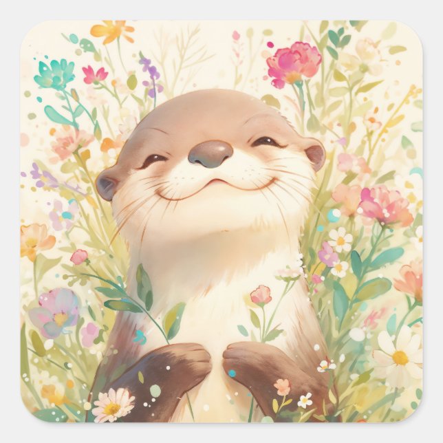 Cute Baby Otter Smiling in Meadow Flowers Square Sticker (Front)