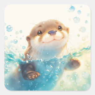 Cute Baby Otter Splashing in Sparkling Blue Water Square Sticker