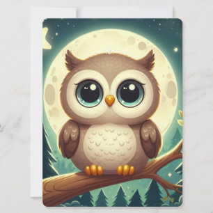 Cute baby owl at night with moon holiday card
