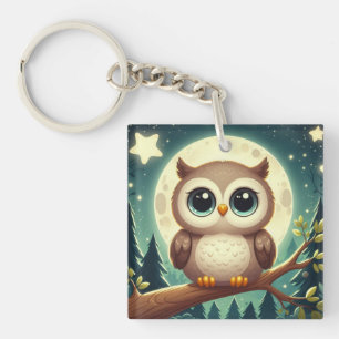Cute baby owl at night with moon keychain