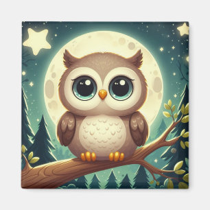 Cute baby owl at night with moon magnet