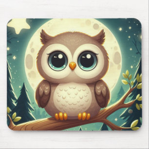 Cute baby owl at night with moon mouse pad