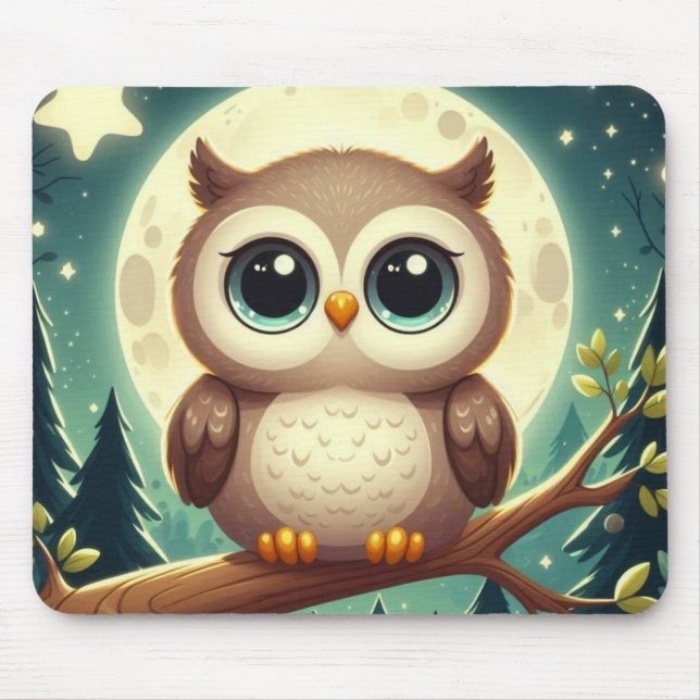 Cute baby owl at night with moon mouse pad (Front)
