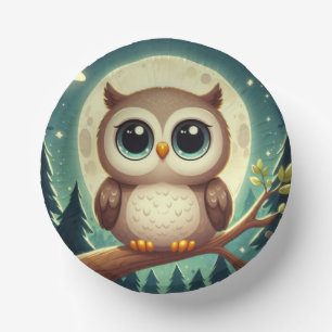 Cute baby owl at night with moon paper plate