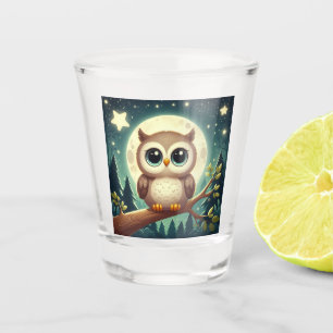 Cute baby owl at night with moon shot glass