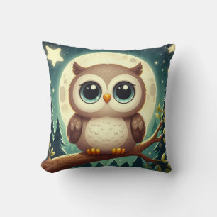 Cute baby owl at night with moon throw pillow