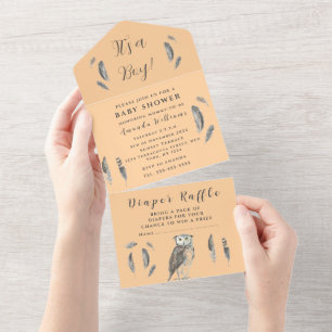 Cute Baby Owl Bird Feathers Bohemian Watercolor Al All In One Invitation
