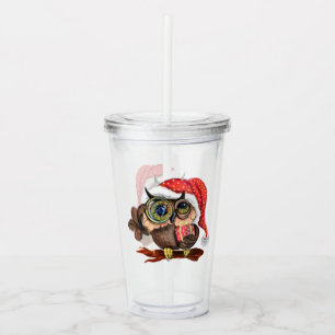 Cute Baby Owl In Christmas Hat and Gift - Cartoon Acrylic Tumbler