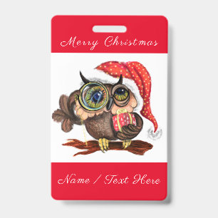 Cute Baby Owl In Christmas Hat and Gift - Cartoon  Badge