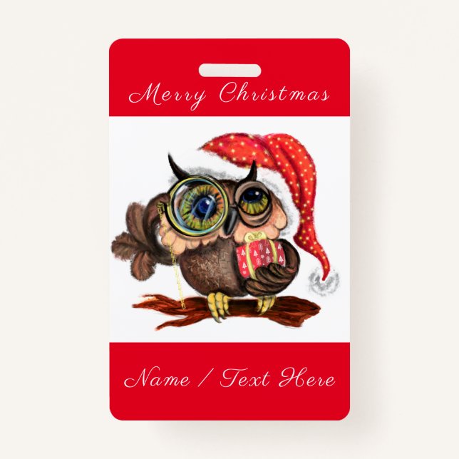 Cute Baby Owl In Christmas Hat and Gift - Cartoon  Badge (Front)
