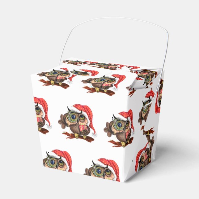 Cute Baby Owl In Christmas Hat and Gift - Cartoon  Favor Box (Front Side)