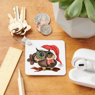 Cute Baby Owl In Christmas Hat and Gift - Cartoon Keychain