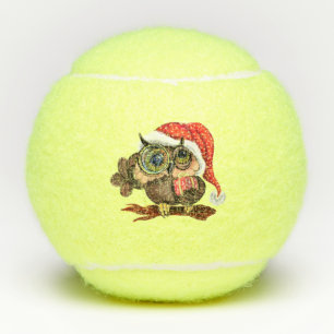 Cute Baby Owl In Christmas Hat and Gift For You Tennis Balls