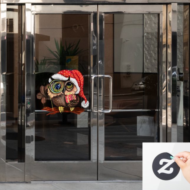 Cute Baby Owl In Christmas Hat and Gift For You Window Cling (Office Door)