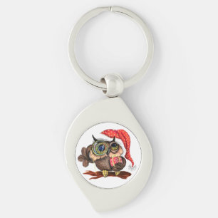 Cute Baby Owl In Christmas Hat and Gift - Fun Keychain