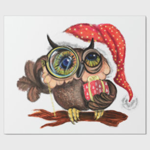 Cute Baby Owl In Christmas Hat and Gift - Funny Wrapping Paper