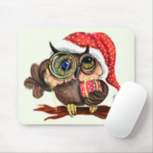Cute Baby Owl In Christmas Hat and Gift - Painting Mouse Pad