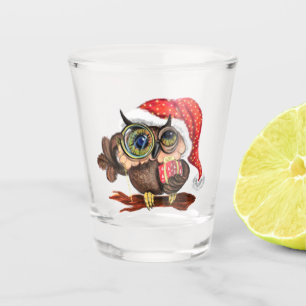 Cute Baby Owl In Christmas Hat and Gift - Painting Shot Glass