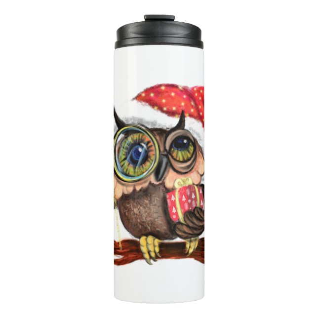 Cute Baby Owl In Christmas Hat Thermal Tumbler (Front)