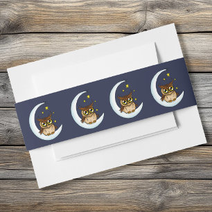 Cute Baby Owl Moon Stars Blue Shower Invitation Belly Band
