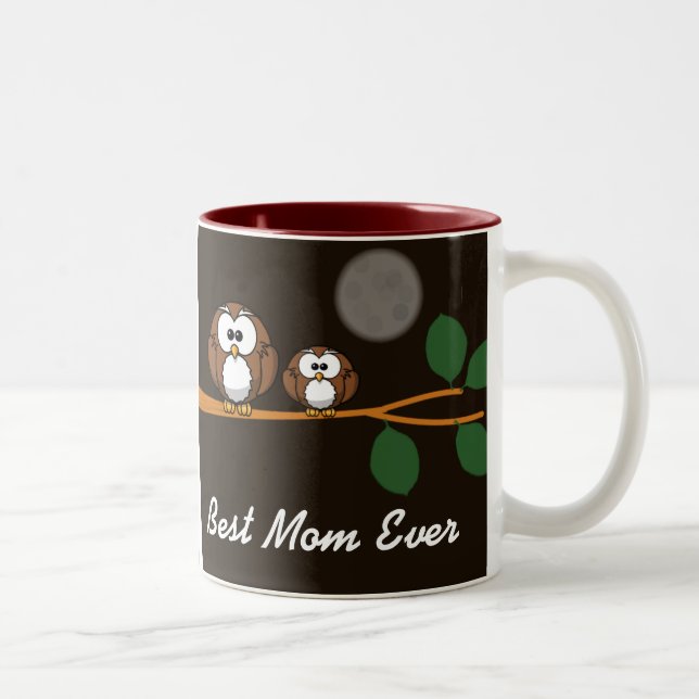 Cute Baby Owl on Tree At Night Two-Tone Coffee Mug (Right)