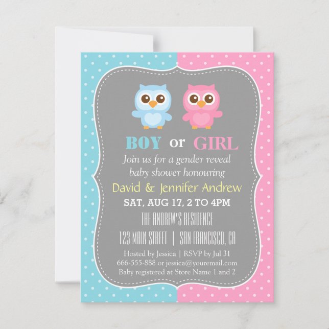 Cute Baby Owl Theme Gender Reveal Party Invitation (Front)
