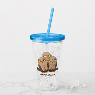 Cute baby owl trio cartoon illustration acrylic tumbler