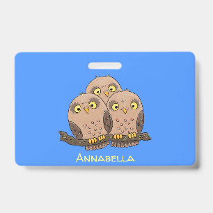 Cute baby owl trio cartoon illustration badge