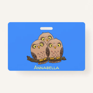 Cute baby owl trio cartoon illustration badge