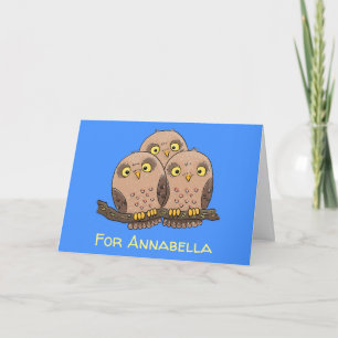 Cute baby owl trio cartoon illustration card