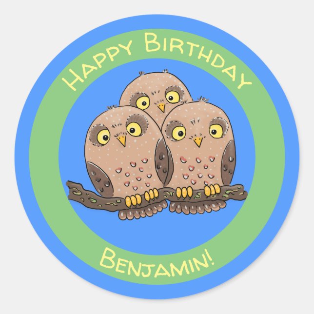 Cute baby owl trio cartoon illustration classic round sticker (Front)