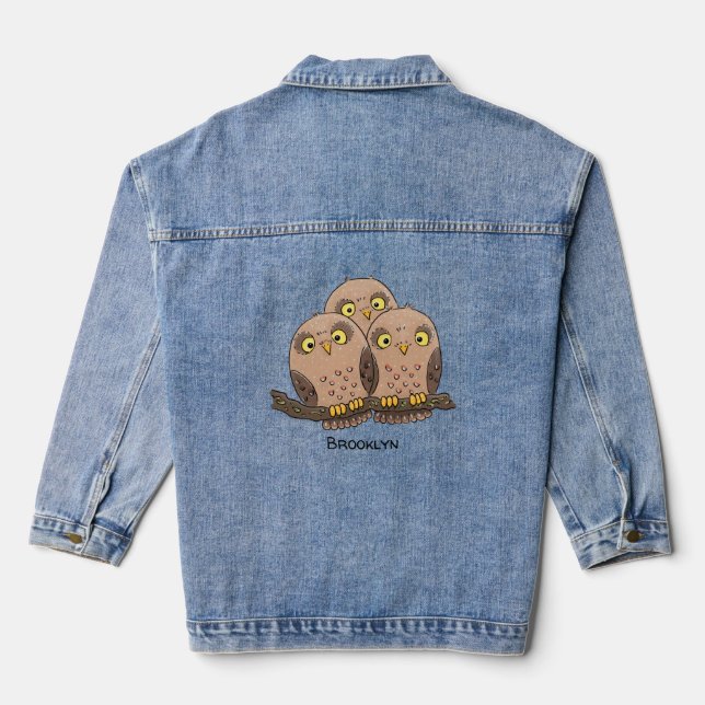 Cute baby owl trio cartoon illustration denim jacket (Back)