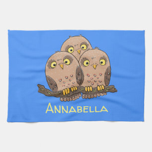 Cute baby owl trio cartoon illustration kitchen towel