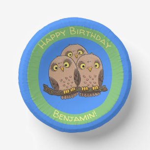Cute baby owl trio cartoon illustration paper plate